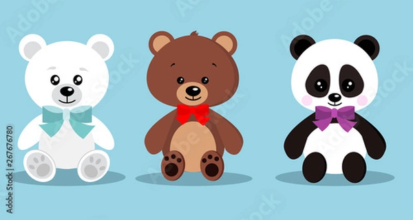 Fototapeta Set of isolated cute elegant holiday teddy toy bears with bow tie in sitting pose: brown bear, polar bear, panda on blue background. Vector clip art cartoon character illustration in flat style.