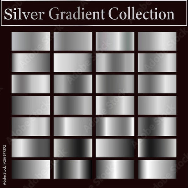 Fototapeta Metallic, bronze, silver, gold, chrome, copper metal foil texture gradient template Vector swatch set. Metallic gradient illustration gradation for backgrounds