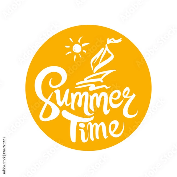 Fototapeta Summer Time. Round vector logo template with inscription and yacht. Flat design of seasonal handwritten label.