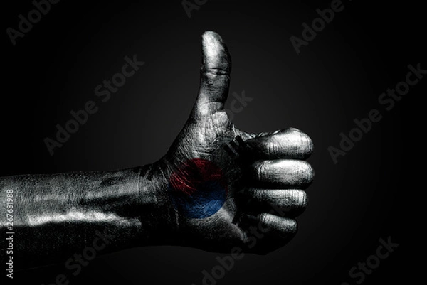 Fototapeta A hand with a drawn South Korea flag shows a finger up sign, a symbol of success, readiness, a task done on a dark background.