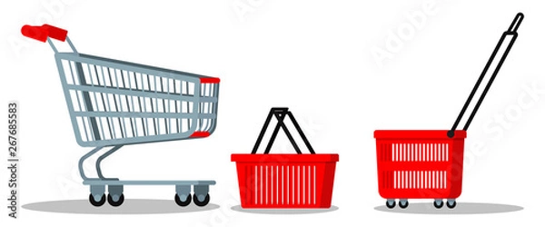 Obraz Empty supermarket chrome metal trolley cart with wheels, red plasyic shopping basket icon set for goods isolated on white background. Vector cartoon flat style illustration, element of graghic design.