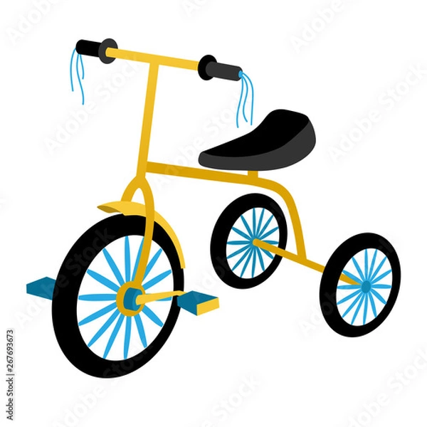 Obraz Children's tricycle with blue and yellow colors and tassels on the steering wheel. Toy bike for kids isolated on white background. Flat style vector illustration.