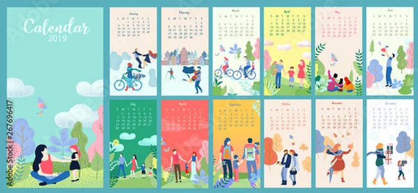 Obraz Colorful calendar for 2019 year in flat style. Week starts from Sunday.
