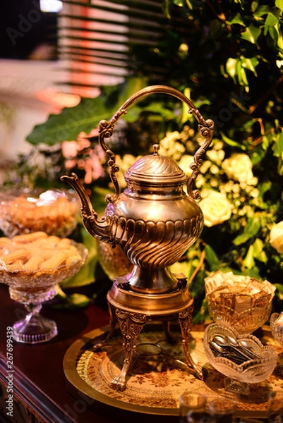 Fototapeta still life with samovar, chinese new year, new year, banquet, year-end party, new year party, table set, tea table setting, coffee table setting, coffee table