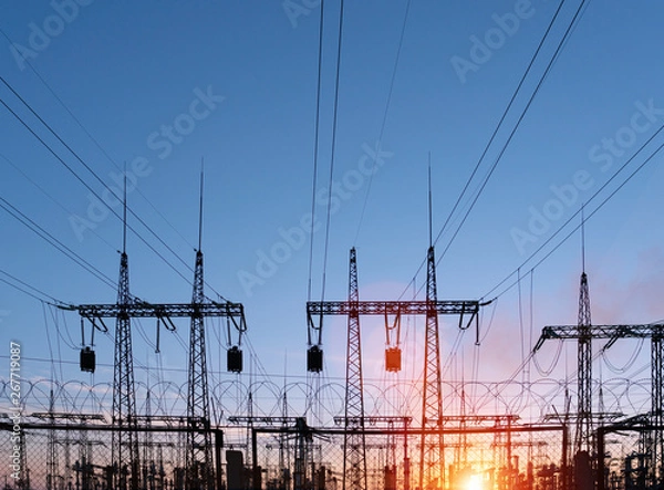 Fototapeta high voltage post.High-voltage tower sky background.