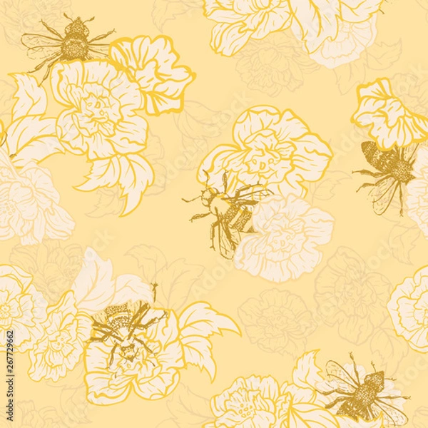 Obraz Vector Honey Yellow Bees with Roses seamless pattern background.