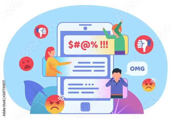 Fototapeta Bullying, trolling online in phone chat, messenger. People quarreling in phone chat. Poster for social media, web page, banner, presentation. Flat design vector illustration