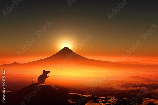 Obraz 富士山の日の出とネズミのシルエット