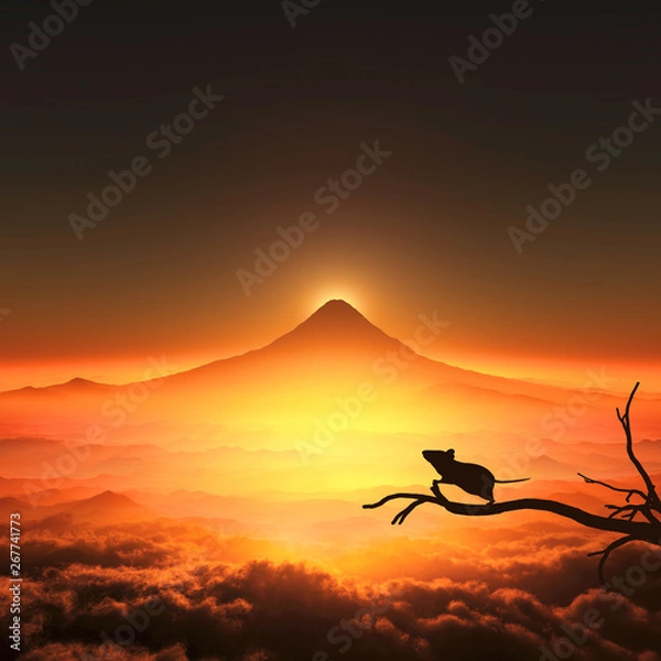 Fototapeta 富士山の日の出とネズミのシルエット