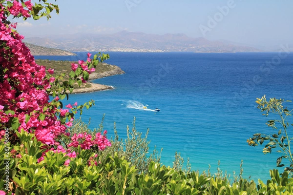 Fototapeta Sailing in blue sea lagoon, speed boats in the gulf on a sunny summer day. Beautiful landscape with tropical coast view from above. Exotic paradise landscape with flowers frame, tourism concept