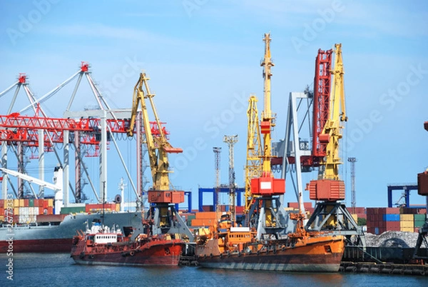 Fototapeta The trading seaport with cranes, cargoes and ship