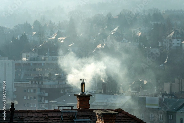 Fototapeta Chimney smokestack on oId appartment building roof top emitting white smoke fume clouds with urban skyline in the background - concept nature environmental pollution climate change global warming