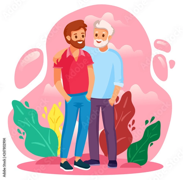 Obraz Couple of smiling adult men. One guy is hugging the other guy. Element lgbt and gay parade, protest. Vector illustration with lgbt man