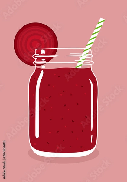 Obraz Beetroot juice smoothie in mason jar with slice of fresh ripe raw beetroot and swirled straw isolated on background. Fresh natural healthy detox vegetable drink. Vector hand drawn illustration eps10.