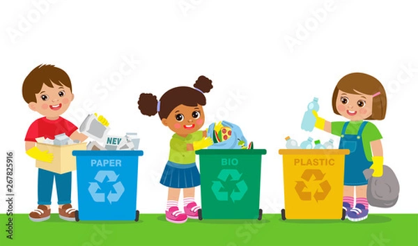 Fototapeta Kids Collect Garbage For Recycling. Save The World. Boy And Girl Separation Recycling Bin With Organic, Paper, Plastic Vector Illustration Set.