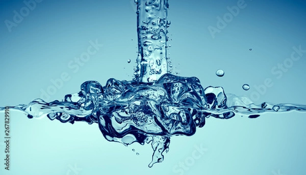 Fototapeta Clean water pouring with splashes, 3d render