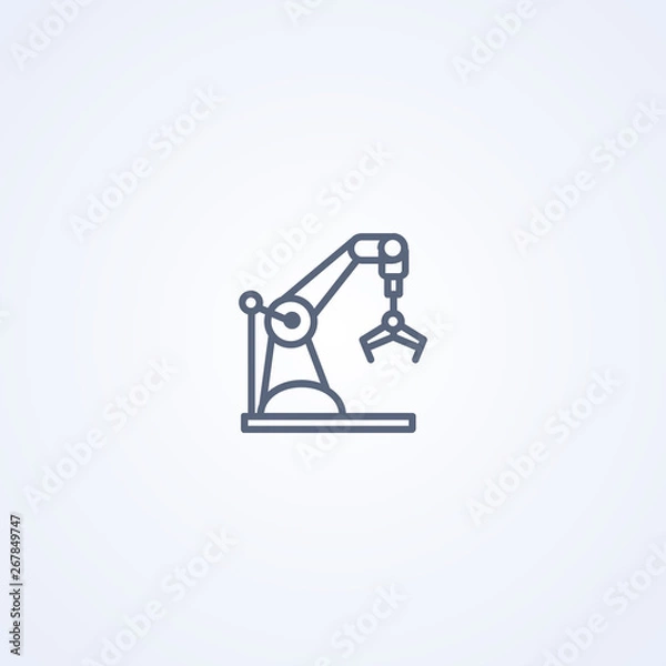 Fototapeta Machine concept industrial claw robotic arm, vector best gray line icon