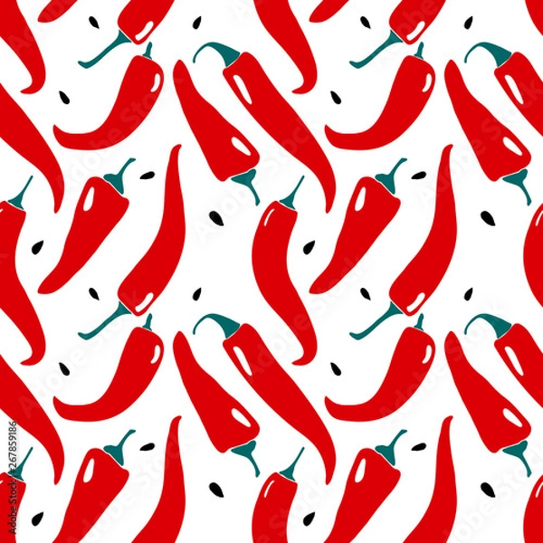 Fototapeta Seamless pattern with chilli pepper and seeds. Summer print in modern flat style.