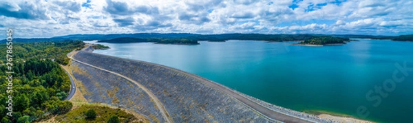 Obraz Scenic aerial panorama of Cardinia Reservoir lake and dam wall on overcast day