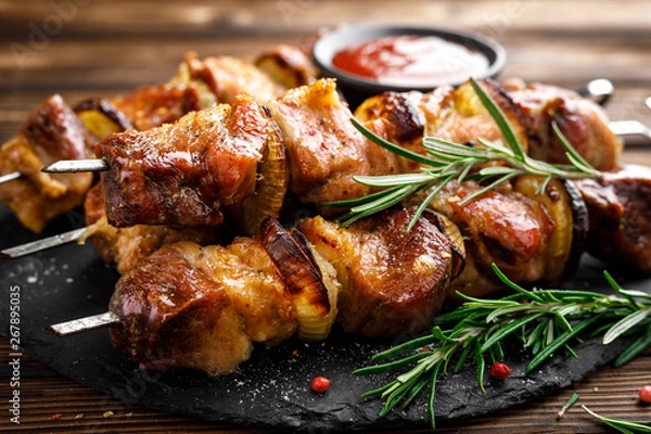 Obraz Grilled meat skewers, shish kebab on wooden background