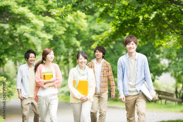 Obraz 新緑の中を歩く大学生