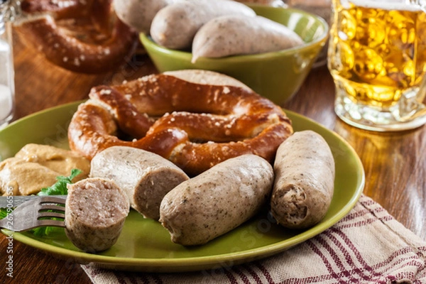Fototapeta Bavarian breakfast with white sausage