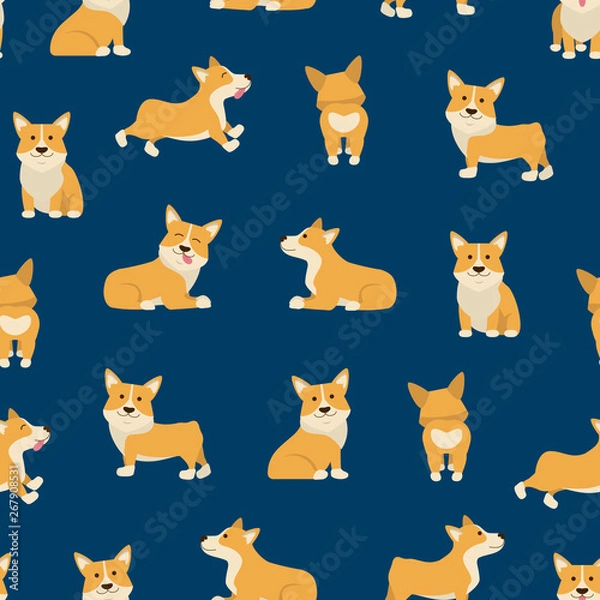 Fototapeta Cartoon Characters Welsh Corgi Seamless Pattern Background. Vector