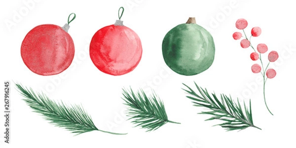 Fototapeta  Watercolor Christmas set with branches of a Christmas tree, balls, sweets, a mitten and a sock for gifts. Christmas wreath.