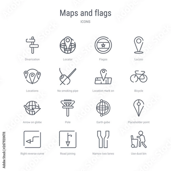 Fototapeta set of 16 maps and flags concept vector line icons such as use dust bin, narrow two lanes, road joining, right reverse curve, placeholder point, earth gobe, pole, arrow on globe. 64x64 thin stroke