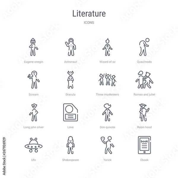 Fototapeta set of 16 literature concept vector line icons such as ebook, yorick, shakespeare, ufo, robin hood, don quixote, love, long john silver. 64x64 thin stroke icons