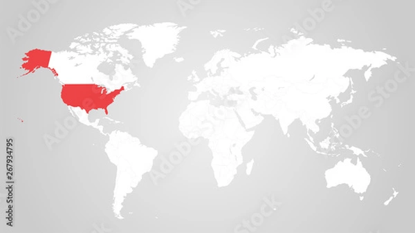 Fototapeta The designation of the United States of America on the world map. Red color. White territories of countries on a gray background. Vector illustration.