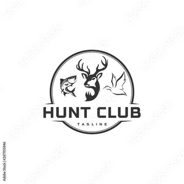 Fototapeta hunting and fishing vector background , vintage idea with fish, deer and duck illustration