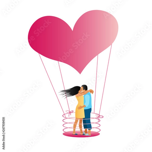 Obraz A pair of lovers kiss and cuddle in the basket of a flying balloon in the form of a large pink heart. A man and a woman hug each other. Flat style, vector illustration isolated on white background.