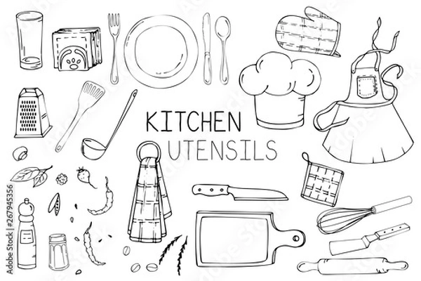 Fototapeta Set of hand drawn illustration with Kitchen Utensils. Actual vector drawing of coocking tools: dish, fork, spoon, knife, rolling pin, apron, cook cap, spatula, ladle and more. Doodle style drawing.