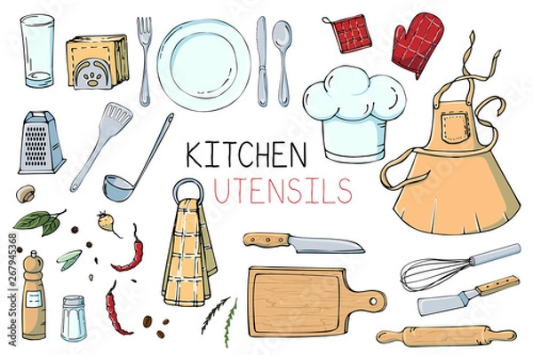 Fototapeta Set of hand drawn illustration with Kitchen Utensils. Actual vector drawing of coocking tools: dish, fork, spoon, knife, rolling pin, apron, cook cap, spatula, ladle and more. Doodle style drawing.