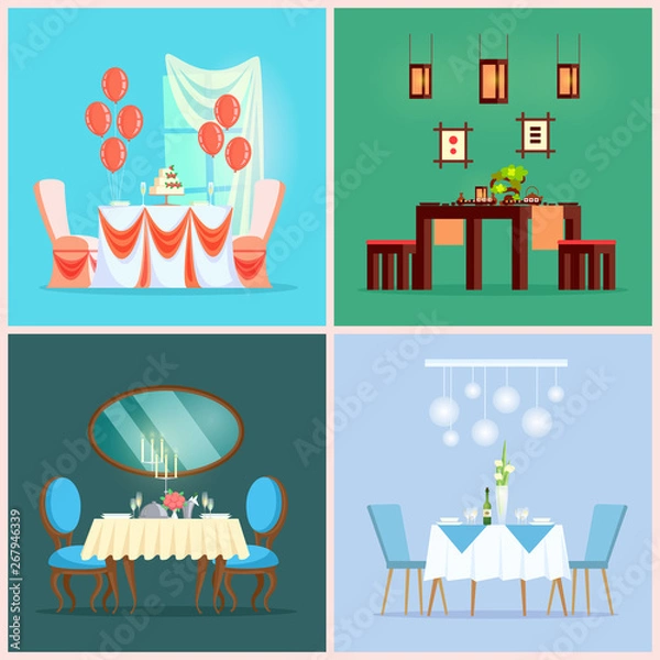 Fototapeta Chinese and European restaurant tables, wedding setting vector. Romantic dinner or dining room furniture, tablecloth and chairs, cake and drink, balloons