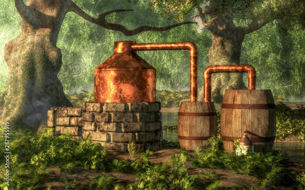 Fototapeta In a dense forest with moss covered trees, a bootlegger has constructed a moonshine still from stone, copper, and a couple of wooden barrels. A stream meanders through the woods nearby.  3D Rendering 