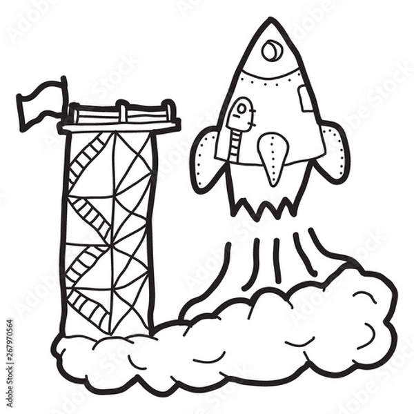 Obraz Cartoon doodle illustration of rocket launch into space for t-shirt print design, postcards