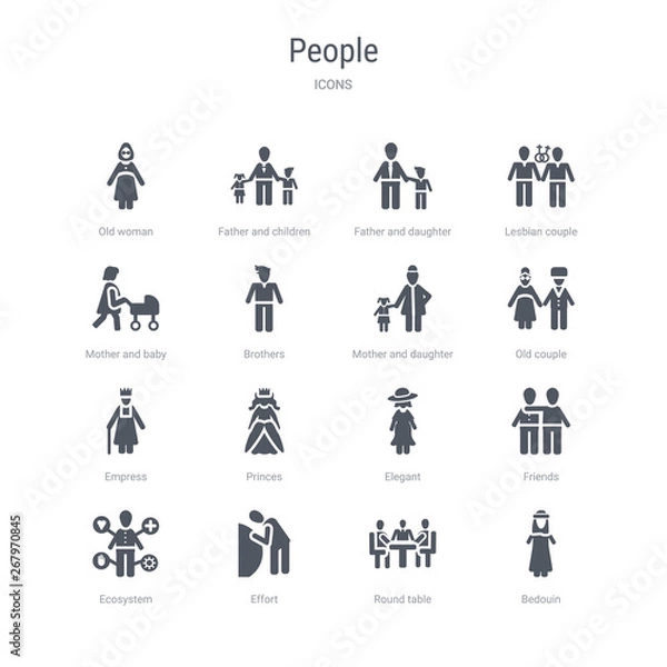 Fototapeta set of 16 vector icons such as bedouin, round table, effort, ecosystem, friends, elegant, princes, empress from people concept. can be used for web, logo, ui\u002fux