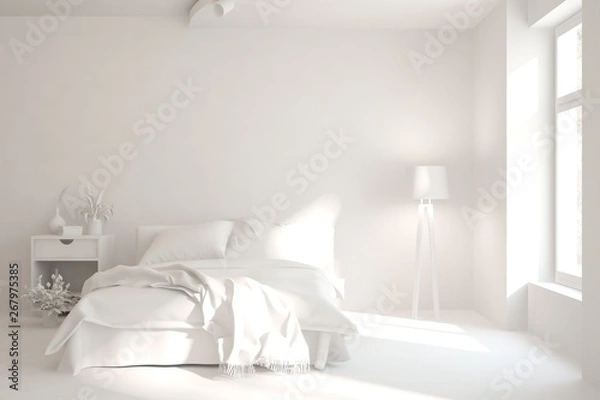 Fototapeta Modern bedroom in white color. Scandinavian interior design. 3D illustration