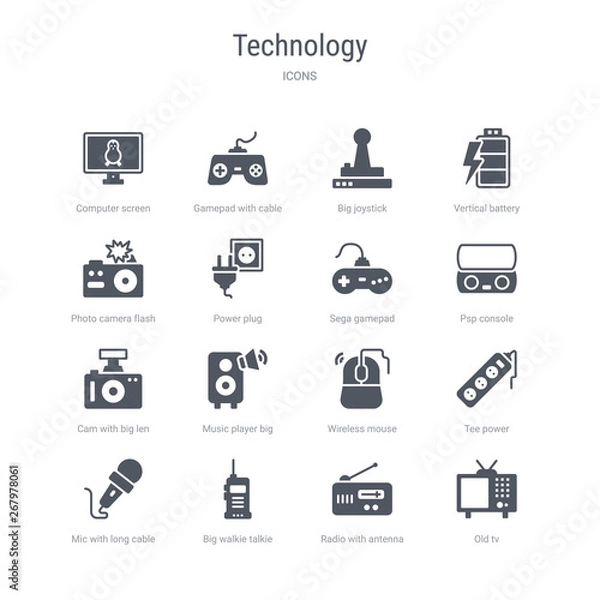 Fototapeta set of 16 vector icons such as old tv, radio with antenna, big walkie talkie, mic with long cable, tee power, wireless mouse, music player big speaker, cam with big len from technology concept. can