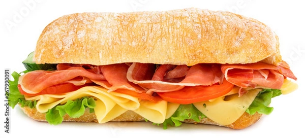 Obraz Ciabatta sandwich with lettuce, tomatoes prosciutto and cheese isolated on white background