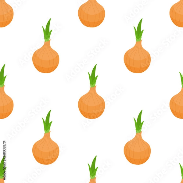 Fototapeta Seamless pattern with fresh onion vegetable. Organic food. Cartoon style. Vector illustration for design, web, wrapping paper, fabric, wallpaper.