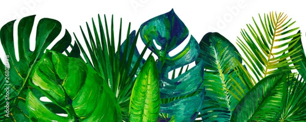 Fototapeta Gouache summer seamless border with mixed tropical leaves