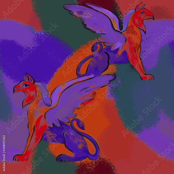 Fototapeta Seamless pattern with mythological animal. Pattern made of Griffins with the body, tail, and back legs of a lion, the head and wings of an eagle and abstract background with paint spots.