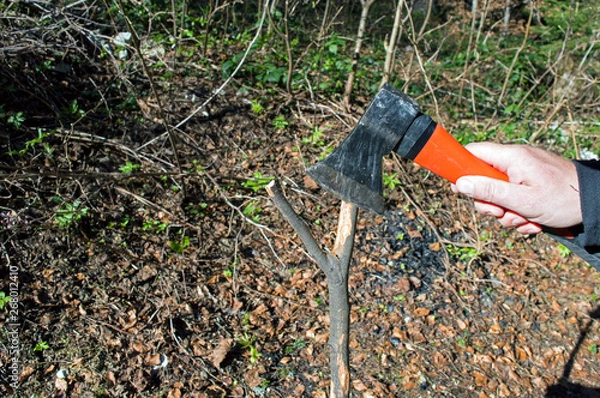 Obraz Man Scrapes Wooden Stick With An Ax