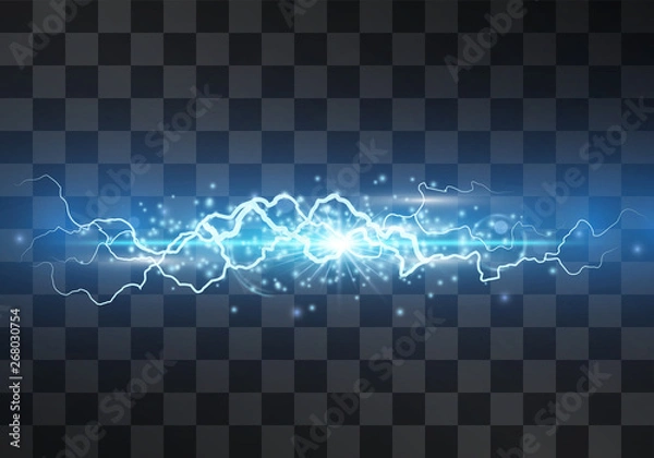 Fototapeta Lightning vector light effect. Decorative neon blue glowing lighting bolt, electrical discharge on transparent background with magical halo and sparkling stardust. Thunderbolt stream. Bursting flash.