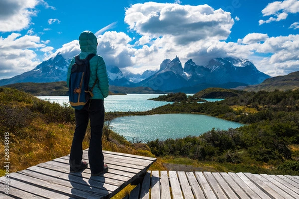 Fototapeta Woman hiker stands on the wooden walkway and enjoys spectacular view of the Torres del Paine National Park with its blue lake of Pehoe and snow capped mountains of Cordillera Paine