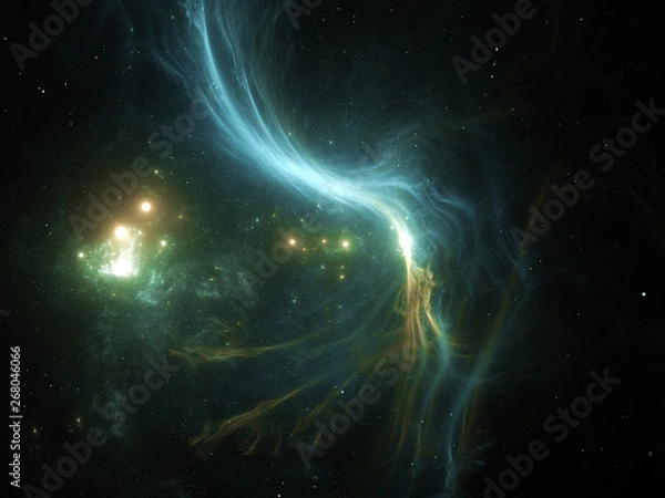 Fototapeta Vast interstellar deep space, starfield, stars and space dust scattered throughout the universe. Cosmic artwork. Distant swirling galaxies, glowing nebula cloud, astral artwork.