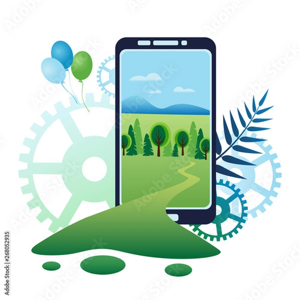 Obraz Road stretches into distance, in natural landscape, depicted on screen of gadget. Composition of the smartphone, gears, tracks, balloons and leaves. Template, vector flat concept of virtual reality.